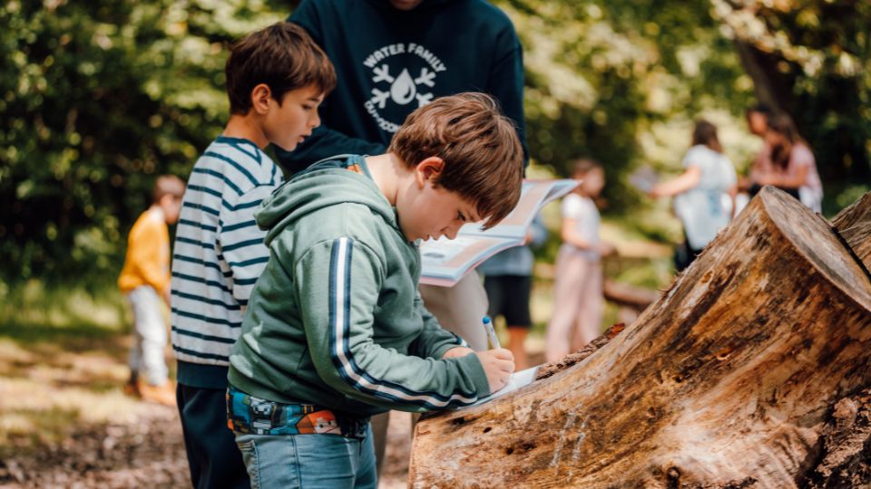 Séance de classe dehors avec des enfants, dans le cadre de notre parcours pédagogique Water Forest School.