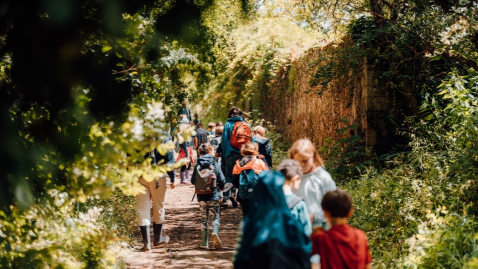 Classe participant à la Water Forest School, un parcours pédagogique innovant pour éduquer les enfants en pleine nature.